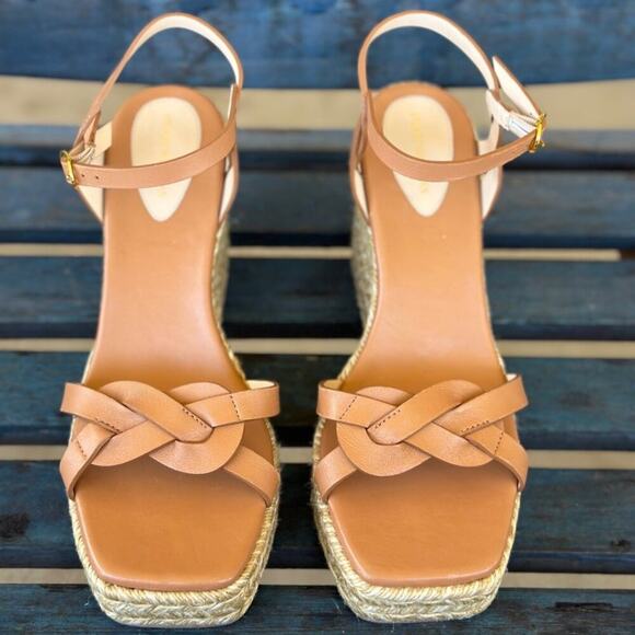 Stuart Weitzman Braida Espadrille Wedge Sandal Tan Leather Women 11B Made Spain - Picture 2 of 10
